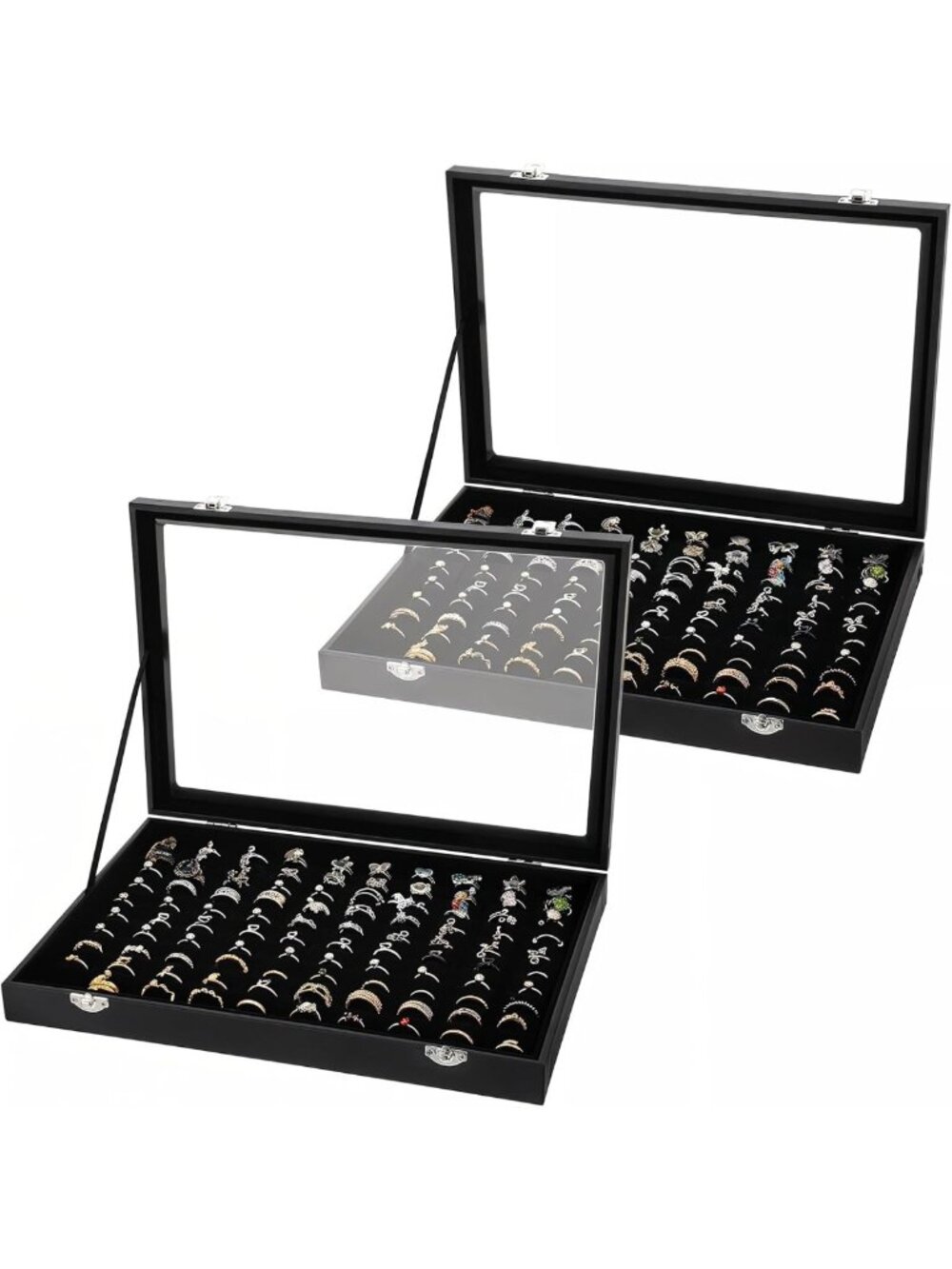 2 Pcs Velvet Jewelry Organizer Box with Glass Lid - 100 Slots for Rings